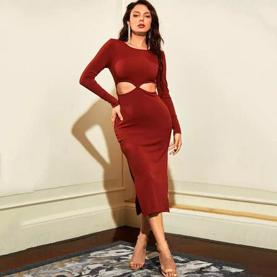 Don’t Blame Me Red Long Sleeve Cut Out Midi Dress - Fashion Genie Boutique