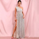 Sparkle All Night Silver One Shoulder Sequin Maxi Dress - Fashion Genie Boutique