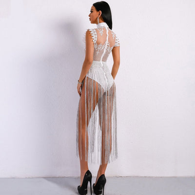 Gamble On Me White Mesh Sequin Fringe Bodysuit - Fashion Genie Boutique