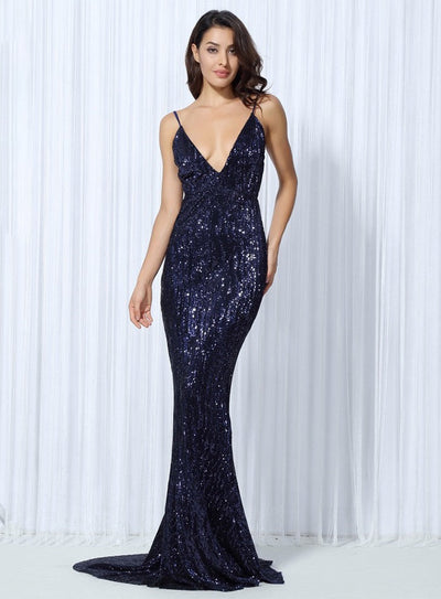 Goal Digger Navy Sequin Maxi Gown Dress - Fashion Genie Boutique