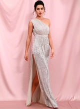 Sparkle All Night Silver One Shoulder Sequin Maxi Dress - Fashion Genie Boutique