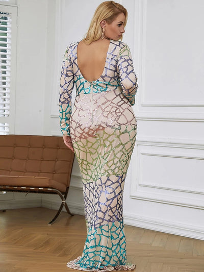 Curve Appeal Gold Sequin Long Sleeve Fishtail Maxi Dress - Plus - Fashion Genie Boutique