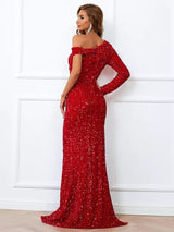 Make a Wish Red Bardot Asymmetrical Sequin Maxi Dress - Fashion Genie Boutique