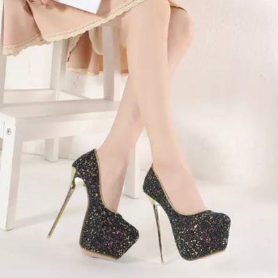 Out Of Reach Black Sequin Platform Stiletto Heels - Fashion Genie Boutique