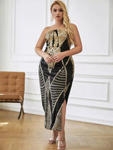 Enchanted Black & Gold Strapless Sequin Midi Dress - Plus - Fashion Genie Boutique