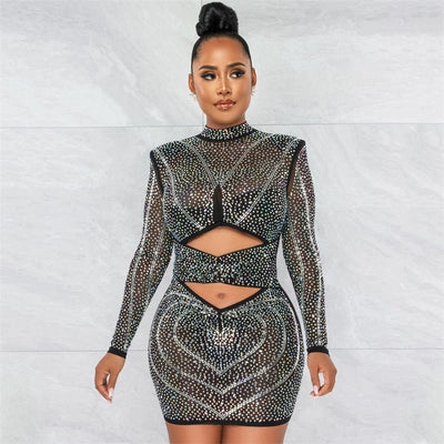 Farrah Black Rhinestone Embellished Mesh Long Sleeve Mini Dress - Fashion Genie Boutique