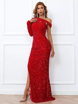Make a Wish Red Bardot Asymmetrical Sequin Maxi Dress - Fashion Genie Boutique