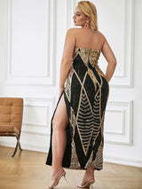 Enchanted Black & Gold Strapless Sequin Midi Dress - Plus - Fashion Genie Boutique
