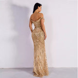 Monroe Gold Bardot Sequin Maxi Gown Dress - Fashion Genie Boutique