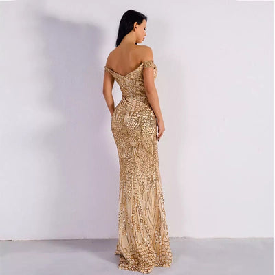 Monroe Gold Bardot Sequin Maxi Gown Dress - Fashion Genie Boutique