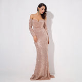 Dressed To Thrill Gold Sequin Bardot Maxi Dress - Fashion Genie Boutique