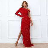 Make a Wish Red Bardot Asymmetrical Sequin Maxi Dress - Fashion Genie Boutique