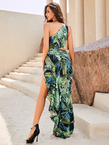 In Your Dreams Green Tropical Print One Shoulder Split Maxi Dress - Fashion Genie Boutique