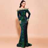 Be Mine Green Bardot Feather Long Sleeve Maxi Fishtail Dress - Fashion Genie Boutique