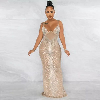 Love Affair Nude Mesh Rhinestone Embellished Maxi Dress - Fashion Genie Boutique