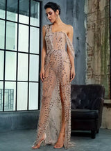 Glam Squad Gold Asymmetrical Glitter High Split Maxi Dress - Fashion Genie Boutique