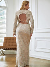 Wanderlust Silver Sequin Long Sleeve Maxi Dress - Plus - Fashion Genie Boutique