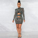 Farrah Black Rhinestone Embellished Mesh Long Sleeve Mini Dress - Fashion Genie Boutique