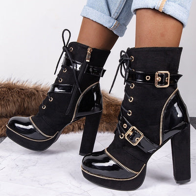 Patent Black Buckle Heeled Boot - Fashion Genie Boutique