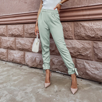 Belle Green Mid Waist Straight Leg Trousers - Fashion Genie Boutique