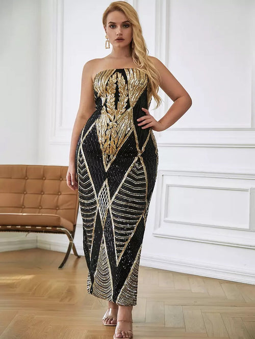 Enchanted Black & Gold Strapless Sequin Midi Dress - Plus - Fashion Genie Boutique