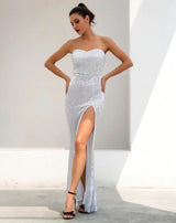 Disco Belle Silver Sequin Strapless Split Maxi Gown Dress - Fashion Genie Boutique