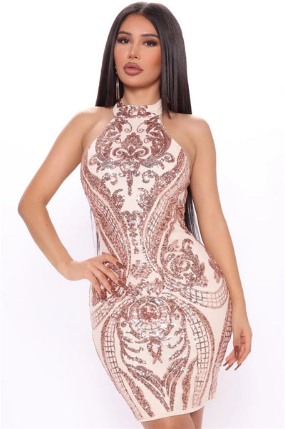 Rebellion Gold Halter Sequin Mini Dress - Fashion Genie Boutique