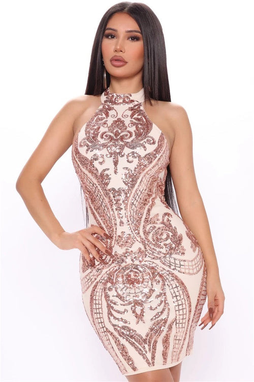 Rebellion Gold Halter Sequin Mini Dress - Fashion Genie Boutique