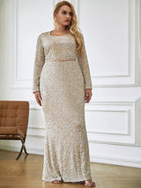 Wanderlust Silver Sequin Long Sleeve Maxi Dress - Plus - Fashion Genie Boutique