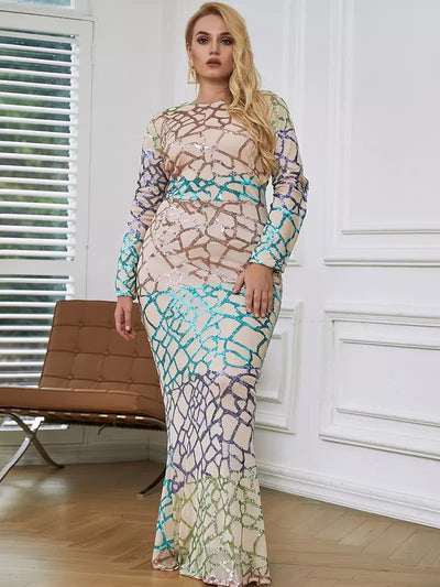 Curve Appeal Gold Sequin Long Sleeve Fishtail Maxi Dress - Plus - Fashion Genie Boutique
