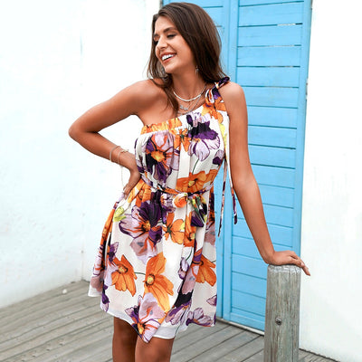Margarita Multi Floral Print One Shoulder Mini Dress - Fashion Genie Boutique