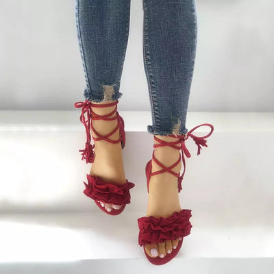 Special To You Red Ruffle Flat Lace Up Sandals - Fashion Genie Boutique