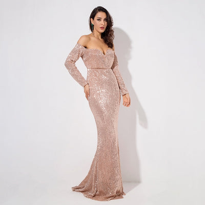 Dressed To Thrill Gold Sequin Bardot Maxi Dress - Fashion Genie Boutique