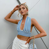 Close To Perfect Blue Stripe Halter Crop Top - Fashion Genie Boutique