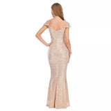 Pearlescent Gold Cold Shoulder Maxi Fishtail Dress - Fashion Genie Boutique