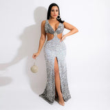 Gabrielle Silver Iridescent High Split Sequin Maxi Dress - Fashion Genie Boutique