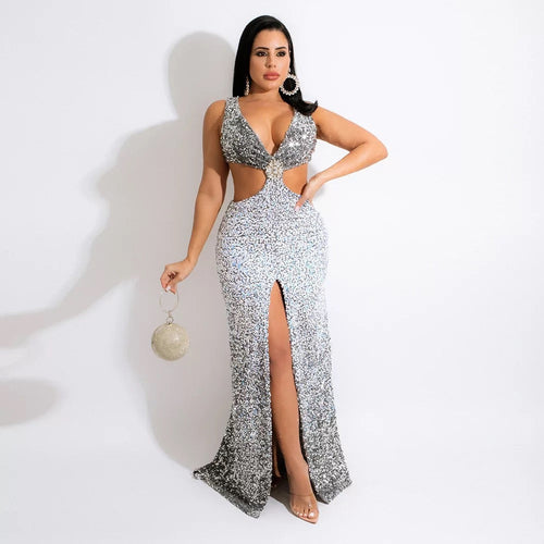 Gabrielle Silver Iridescent High Split Sequin Maxi Dress - Fashion Genie Boutique