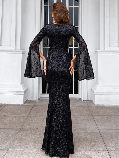 Deepest Devotion Black Draped Sleeve Sequin Maxi Dress - Fashion Genie Boutique