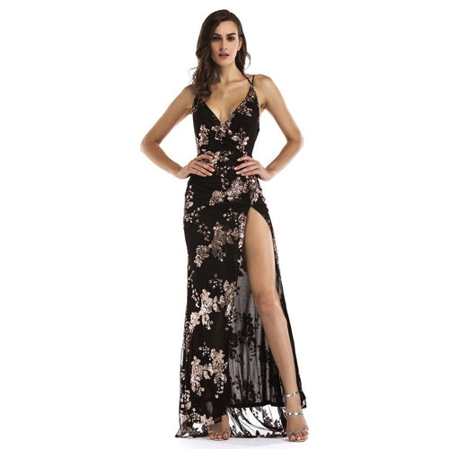 Glorious Black Sequin Front Split Sweeping Maxi Dress - Fashion Genie Boutique