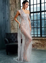 Glam Squad Silver Asymmetrical Glitter High Split Maxi Dress - Fashion Genie Boutique