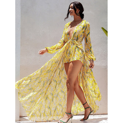 Dressed To Thrill Yellow Dipped Hem Long Sleeve Maxi Dress - Fashion Genie Boutique