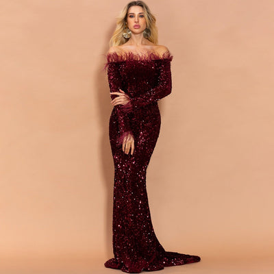 Be Mine Burgundy Bardot Feather Long Sleeve Maxi Fishtail Dress - Fashion Genie Boutique