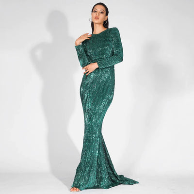Never Enough Green Sequin Long Sleeve Maxi Fishtail Dress - Fashion Genie Boutique