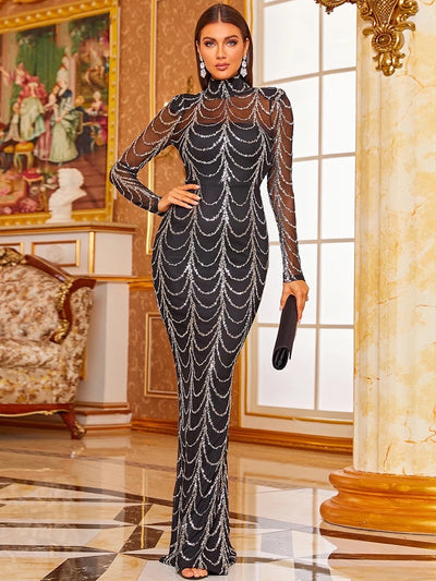 Dare Me Black Mesh Silver Sequin Long Sleeve Maxi Dress - Fashion Genie Boutique