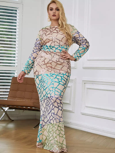 Curve Appeal Gold Sequin Long Sleeve Fishtail Maxi Dress - Plus - Fashion Genie Boutique