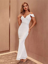 Pearlescent White Cold Shoulder Maxi Fishtail Dress - Fashion Genie Boutique