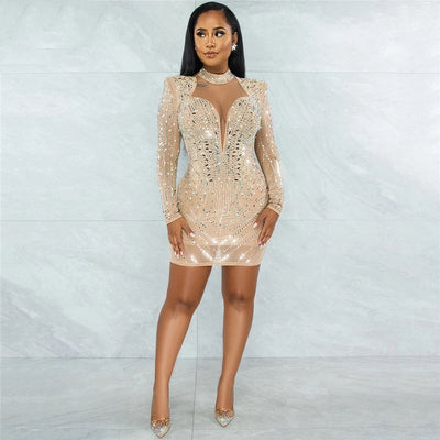 Ablaze Nude Choker Rhinestone Embellished Long Sleeve Mini Dress - Fashion Genie Boutique