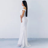 Monroe White Bardot Sequin Maxi Gown Dress - Fashion Genie Boutique