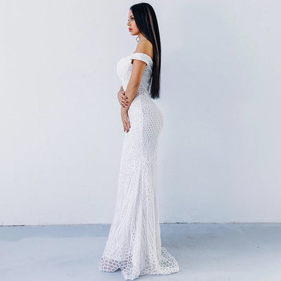 Monroe White Bardot Sequin Maxi Gown Dress - Fashion Genie Boutique