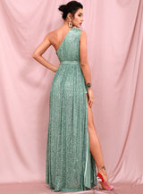 Sparkle All Night Green One Shoulder Sequin Maxi Dress - Fashion Genie Boutique